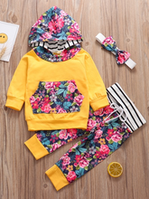 Load image into Gallery viewer, Baby Autumn Floral Fun Hooded Sweater, Legging, And Headband Set Yellow