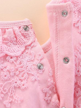 Load image into Gallery viewer, Baby set features a onesie with a tulle skirt, matching shoes, and cap