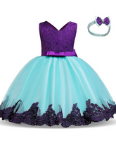 Load image into Gallery viewer, Baby Floral Lace Embroidered Beaded Dress with Bow-light blue