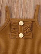 Load image into Gallery viewer, Baby onesie bodysuit has a cute ruffle detail and front buttons and spaghetti straps and skirted bloomers