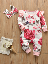Load image into Gallery viewer, Baby Floral Funtime Long Sleeve Ruffle Romper Onesie Pink