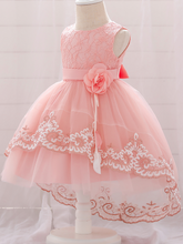 Load image into Gallery viewer, Baby dress has embroidered tulle overlay bodice and hi-lo tulle overlay skirt, removable big bow accent at the back and flower applique at the front