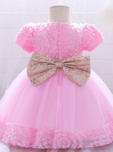 Load image into Gallery viewer, Baby dress has a floral bodice, a tulle skirt with floral hem, and a gold sequin belt with bow at the front and back