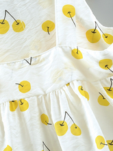 Load image into Gallery viewer, baby summer dress has an adorable cherry print and a large bow at the front and comes with a matching hat
