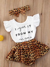 Load image into Gallery viewer, Baby set features a ruffled top with an " I got it from my Mama" print onesie and leopard skirted bloomers with a headband