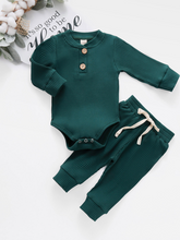 Load image into Gallery viewer, Baby Comfy Cozy Cotton Ribbed Long Sleeve Onesie and Pants Set Green