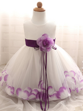 Load image into Gallery viewer, Baby Dress with Flower pedal hem and belt with flower applique purple