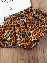 Load image into Gallery viewer, Baby set features a ruffled top with an " I got it from my Mama" print onesie and leopard skirted bloomers with a headband