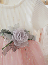 Load image into Gallery viewer, Baby Spring dress has a tulle overlay and a satin belt with a flower applique Pink-White