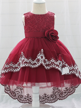 Load image into Gallery viewer, Baby dress has embroidered tulle overlay bodice and hi-lo tulle overlay skirt, removable big bow accent at the back and flower applique at the front