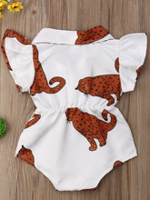 Load image into Gallery viewer, Baby white onesie with leopards printed has ruffled short sleeves and a cute collar. Front button and elastic waist.
