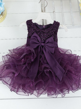 Load image into Gallery viewer, Baby princess dress has a satin bodice with pearl details, a bow belt at the waist, and a layered tulle skirt -purple
