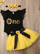 Load image into Gallery viewer, Baby set has a onesie with ruffled lace sleeves and "One" printed, a tutu skirt with sunflower sash, and a matching sunflower headband