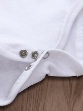 Load image into Gallery viewer, Baby set features a short-sleeved onesie with "Hello World" print and ruffled bloomers