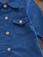 Load image into Gallery viewer, Baby set features a denim shirt with front buttons and a tutu skirt with matching headbands