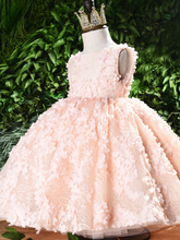 Load image into Gallery viewer, Baby tulle dress' bodice has a delicate flower applique in tulle, has a multicolor layered skirt and bow at the back