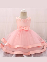 Load image into Gallery viewer, Baby dress features beautiful beads on the bodice, voile with satin hem-pink