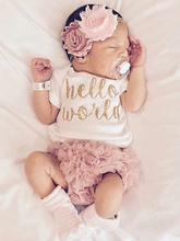 Load image into Gallery viewer, Baby set features a short-sleeved onesie with "Hello World" print and ruffled bloomers