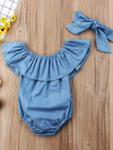 Load image into Gallery viewer, Baby Denim onesie large bib with bow and matching headband 6Mon to 2T