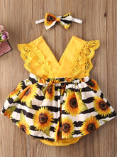 Load image into Gallery viewer, Baby yellow romper onesie with a skirt overlay with sunflower print and matching headband