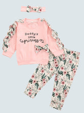 Load image into Gallery viewer, Baby 'Daddy's Little Princess' Long Sleeve Ruffle Shirt, Leggings, And Headband Set