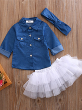 Load image into Gallery viewer, Baby set features a denim shirt with front buttons and a tutu skirt with matching headbands