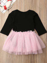 Load image into Gallery viewer, tutu dress has a long sleeved black bodice with "My Little Black Dress" in rhinestones and a tutu skirt