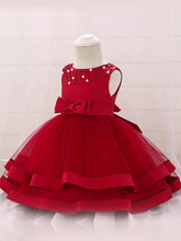 Load image into Gallery viewer, Baby dress features beautiful beads on the bodice, voile with satin hem-red