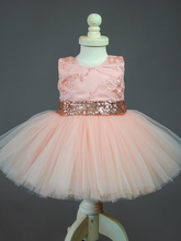 Load image into Gallery viewer, Baby tutu dress has an embroidered floral bodice, a sequin belt at the waistline with a big bow at the back, and a tutu skirt