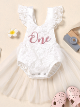 Load image into Gallery viewer, Baby lace overall onesie that ties at the back with tulle train, little ruffles at the shoulder, and a gold "One" printed on the bodice