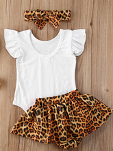 Load image into Gallery viewer, Baby set features a ruffled top with an " I got it from my Mama" print onesie and leopard skirted bloomers with a headband