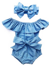 Load image into Gallery viewer, Baby Denim onesie large bib with bow and matching headband 6Mon to 2T