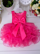 Load image into Gallery viewer, Baby princess dress has a satin bodice with pearl details, a bow belt at the waist, and a layered tulle skirt -hot pink
