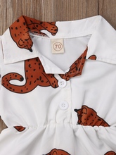 Load image into Gallery viewer, Baby white onesie with leopards printed has ruffled short sleeves and a cute collar. Front button and elastic waist.
