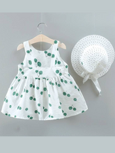 Load image into Gallery viewer, baby summer dress has an adorable cherry print and a large bow at the front and comes with a matching hat