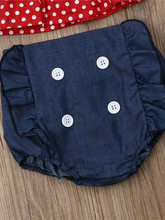 Load image into Gallery viewer, Baby set features a cropped top with polka dots and denim sailor-style bloomers