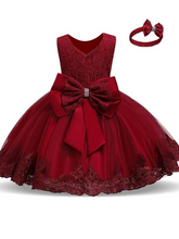 Load image into Gallery viewer, Baby Floral Lace Embroidered Beaded Dress with Bow-burgundy
