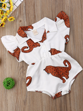 Load image into Gallery viewer, Baby white onesie with leopards printed has ruffled short sleeves and a cute collar. Front button and elastic waist.