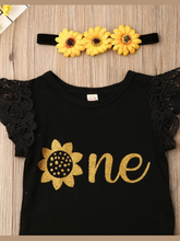 Load image into Gallery viewer, Baby set has a onesie with ruffled lace sleeves and "One" printed, a tutu skirt with sunflower sash, and a matching sunflower headband