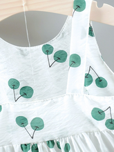 Load image into Gallery viewer, baby summer dress has an adorable cherry print and a large bow at the front and comes with a matching hat