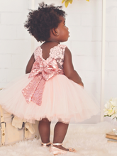 Load image into Gallery viewer, Baby tutu dress has an embroidered floral bodice, a sequin belt at the waistline with a big bow at the back, and a tutu skirt