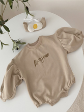 Load image into Gallery viewer, Baby 'Bonjour le Bébé' Long Sleeve Onesie With Egg Headband Beige