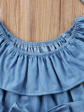 Load image into Gallery viewer, Baby Denim onesie large bib with bow and matching headband 6Mon to 2T
