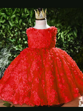 Load image into Gallery viewer, Baby tulle dress' bodice has a delicate flower applique in tulle, has a multicolor layered skirt and bow at the back