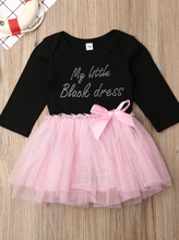 Load image into Gallery viewer, tutu dress has a long sleeved black bodice with "My Little Black Dress" in rhinestones and a tutu skirt pink