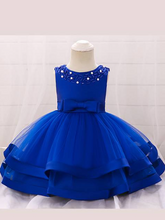 Load image into Gallery viewer, Baby dress features beautiful beads on the bodice, voile with satin hem-blue