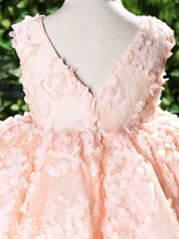 Load image into Gallery viewer, Baby tulle dress' bodice has a delicate flower applique in tulle, has a multicolor layered skirt and bow at the back