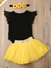 Load image into Gallery viewer, Baby set has a onesie with ruffled lace sleeves and "One" printed, a tutu skirt with sunflower sash, and a matching sunflower headband