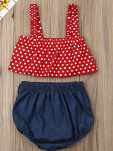 Load image into Gallery viewer, Baby set features a cropped top with polka dots and denim sailor-style bloomers