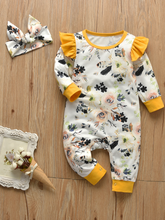 Load image into Gallery viewer, Baby Floral Funtime Long Sleeve Ruffle Romper Onesie Yellow